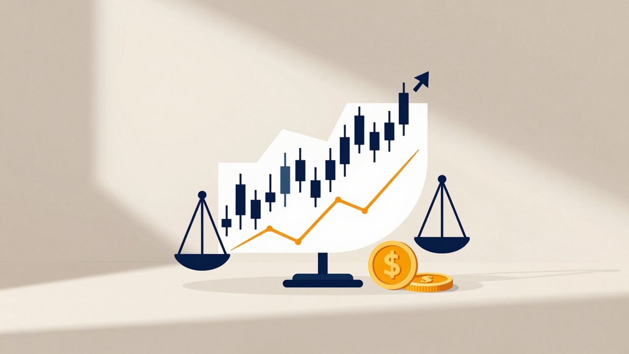효율적 시장 가설 개념을 시각화한 isometric illustration 스타일의 대표 이미지