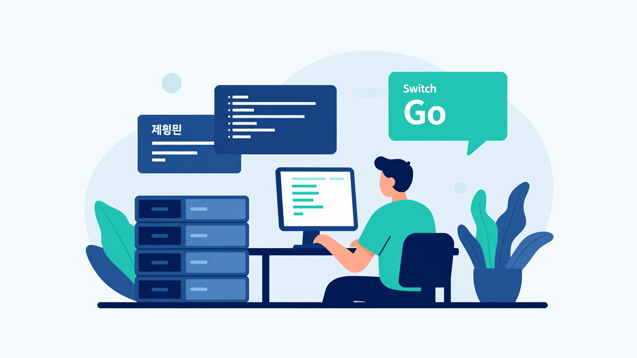 제어문 if와 switch 개념을 시각화한 Go 프로그래밍 일러스트