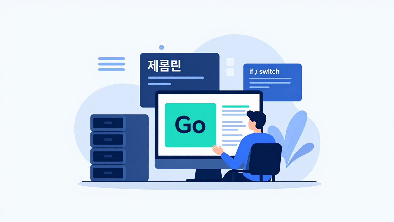 제어문 if와 switch 개념을 시각화한 Go 프로그래밍 일러스트