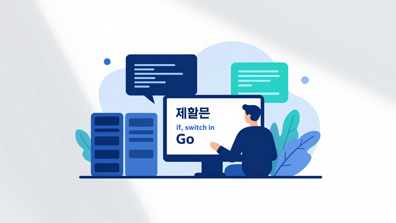 제어문 if와 switch 개념을 시각화한 Go 프로그래밍 일러스트